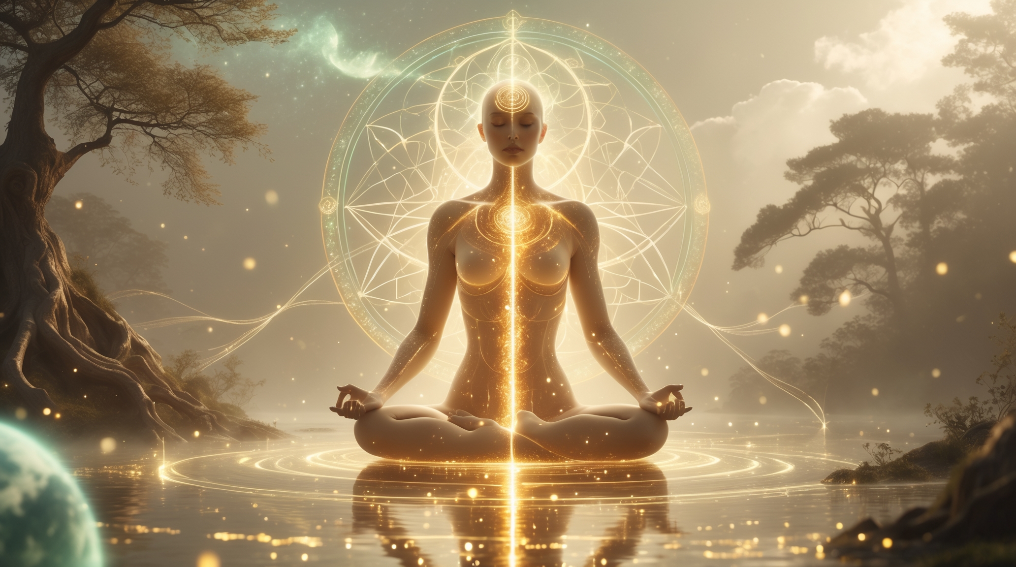 Mujer en meditación con geometría sagrada dorada - Los 8 Códigos de la Vida